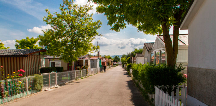 Bungalows del Camping de Olite rodeados de zonas verdes